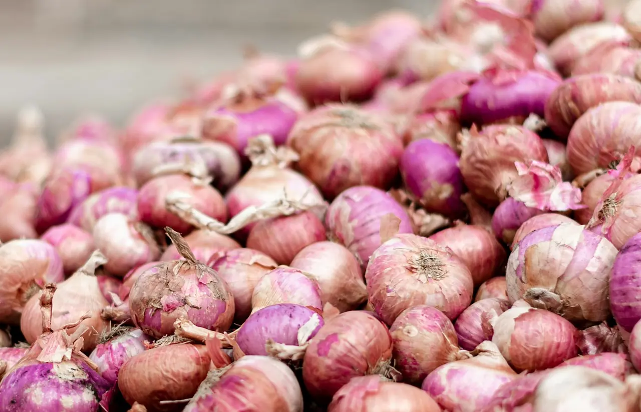 Red onions at a produce market