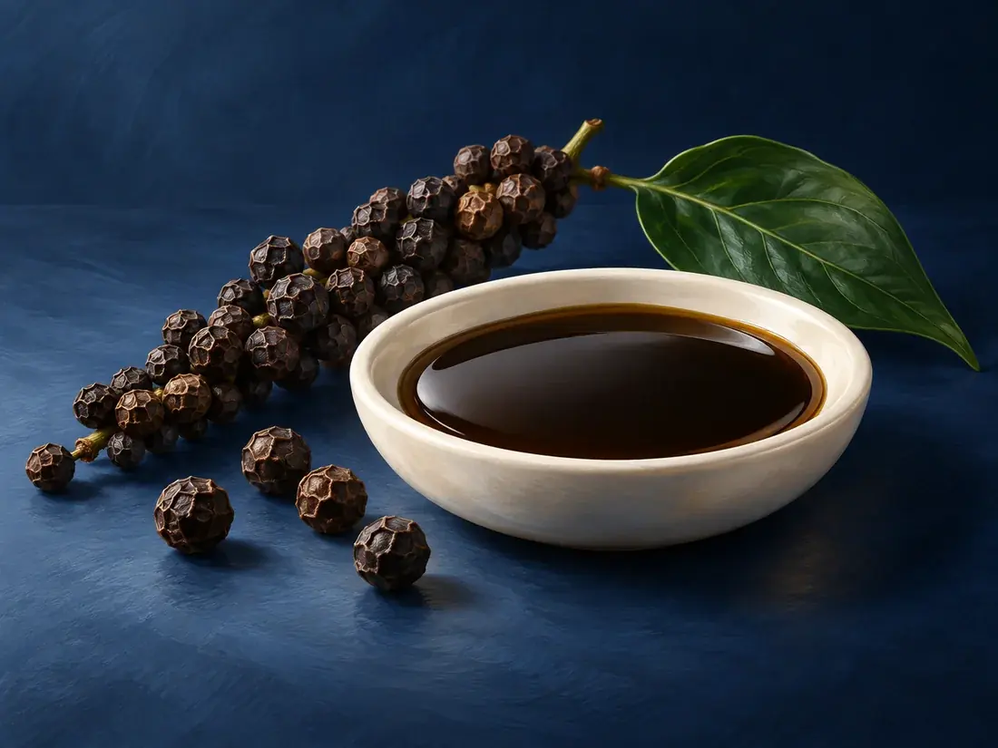 Conceptual illustration of black pepper oleoresin in an ivory dish beside its botanical ingredient on a navy background