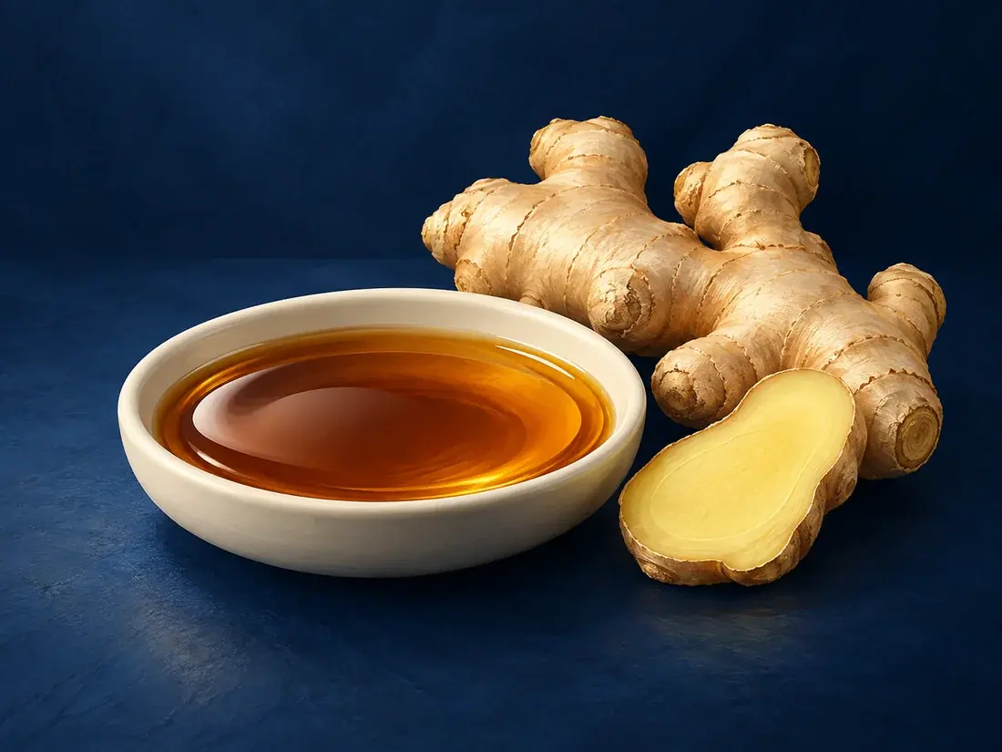 Conceptual illustration of ginger oleoresin in an ivory dish beside its botanical ingredient on a navy background