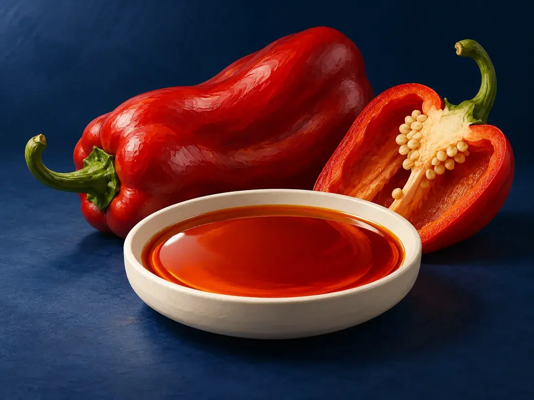 Conceptual illustration of paprika oleoresin in an ivory dish beside its botanical ingredient on a navy background