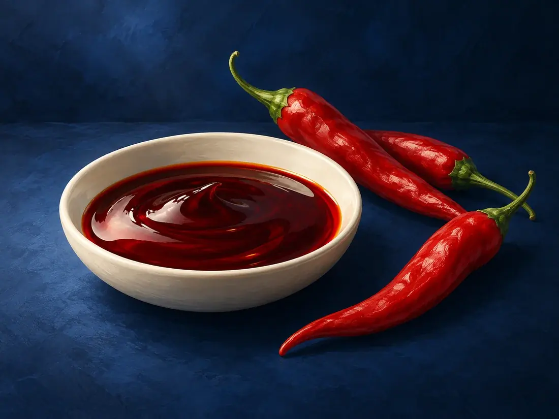 Conceptual illustration of red chilli oleoresin in an ivory dish beside its botanical ingredient on a navy background