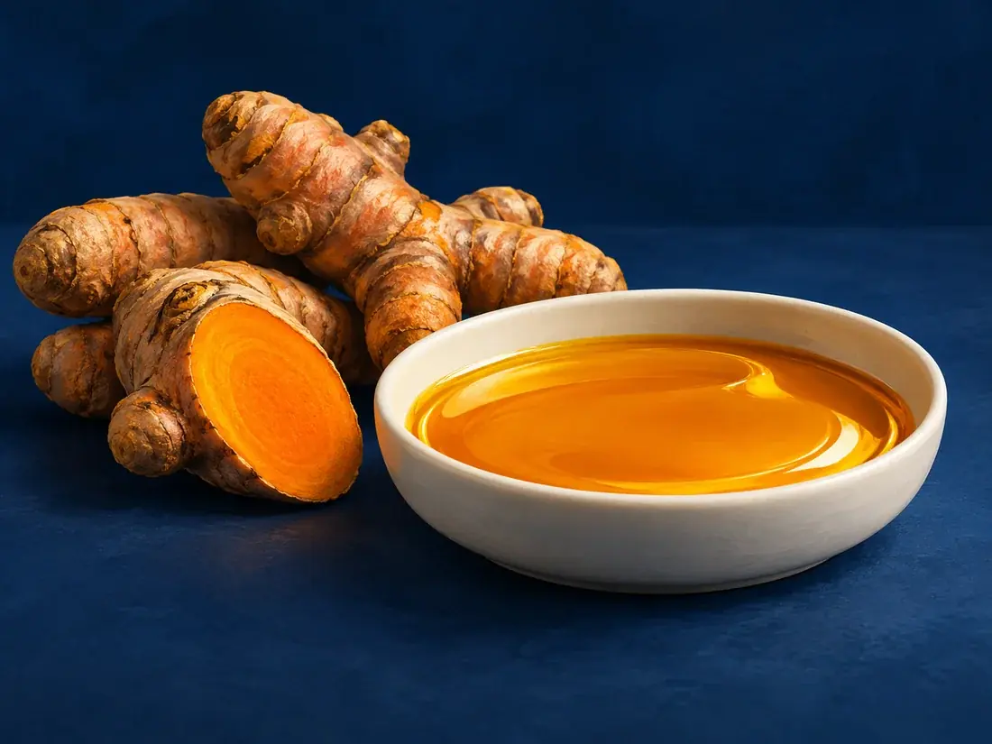 Conceptual illustration of turmeric oleoresin in an ivory dish beside its botanical ingredient on a navy background