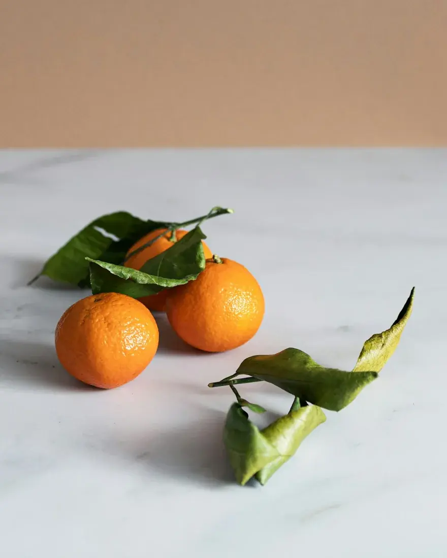 Mandarin citrus fruits with green leaves on a pale tabletop.