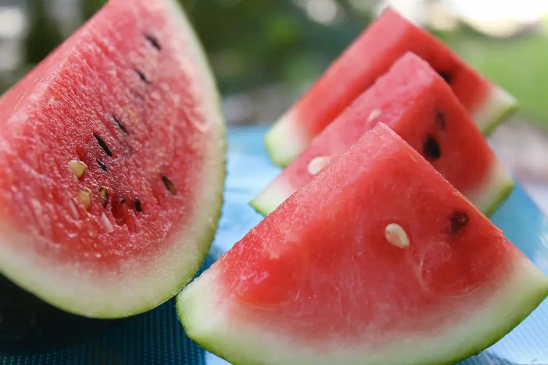 Red watermelon wedges with green rind.