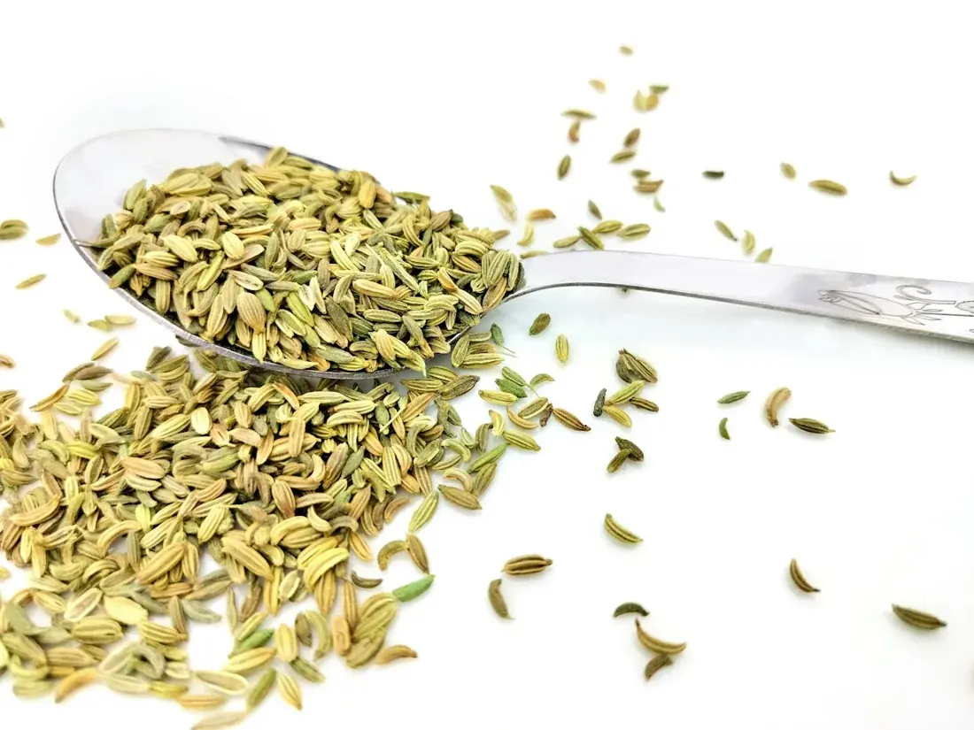 Fennel seeds in a spoon and scattered on a white surface